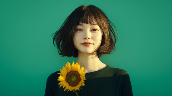 ひまわりを持って笑う女性のポートレート写真風 no.3