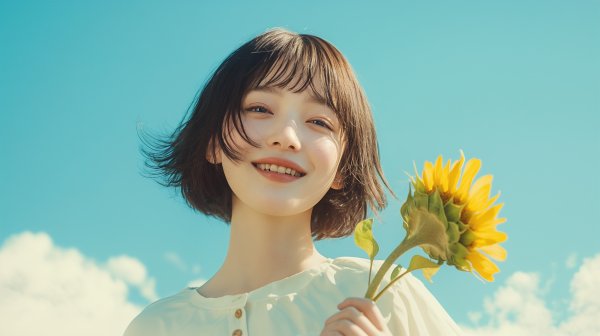 ひまわりを持って笑う女性のポートレート写真風 no.4