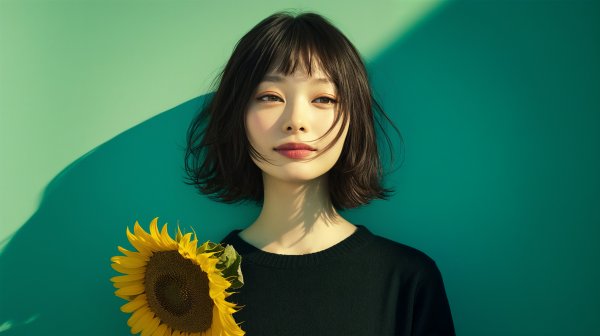 ひまわりを持って笑う女性のポートレート写真風 no.5