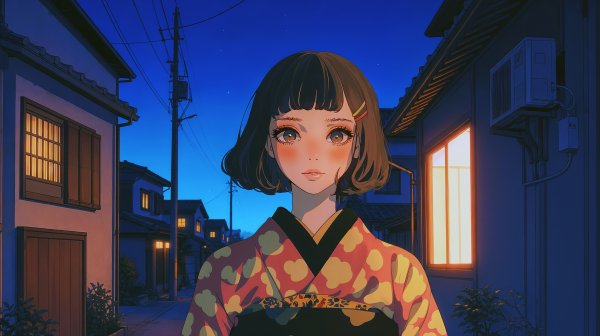 住宅街で浴衣を着て振り返る女性 no.4