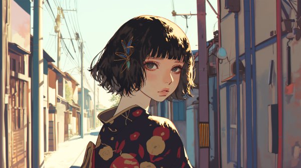 レトロな街並みの中で浴衣を着て振り返る若い女性のイラスト no.1