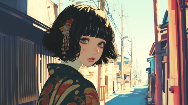 レトロな街並みの中で浴衣を着て振り返る若い女性のイラスト no.2