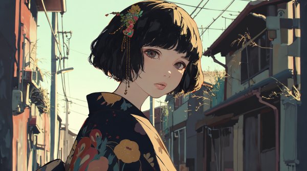 レトロな街並みの中で浴衣を着て振り返る若い女性のイラスト no.3