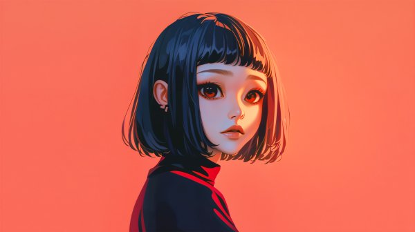 赤背景のアニメ風補正ポートレートイラスト no.2