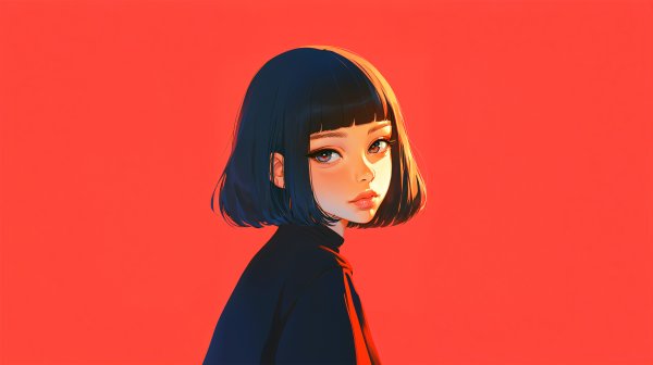 赤背景のアニメ風補正ポートレートイラスト no.3