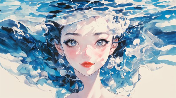 水中でカメラを見つめる透明感のある女性のイラスト no.3