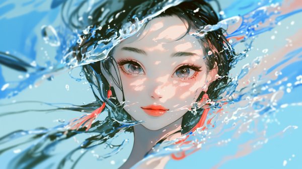 水中でカメラを見つめる透明感のある女性のイラスト no.5
