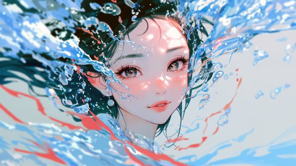 水中でカメラを見つめる透明感のある女性のイラスト no.7