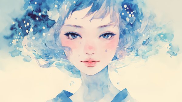 水中にいる透明感ある女性の水彩イラスト no.1