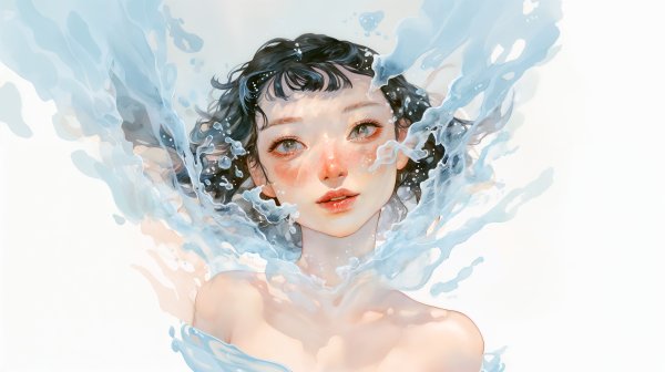 水中にいる透明感ある女性の水彩イラスト no.4