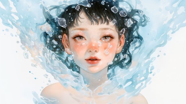 水中にいる透明感ある女性の水彩イラスト no.5