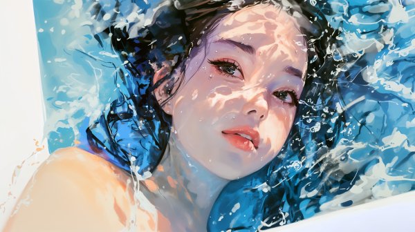 プールに浮かぶ若い女性のイラスト no.2