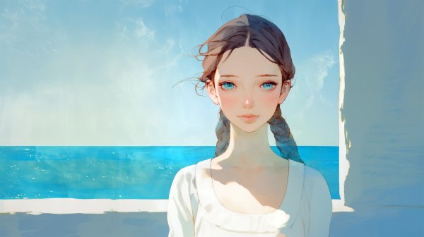 海の見える場所で静かに立っているカメラ目線の女性の水彩イラスト no.1