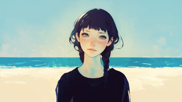 海の見える場所で静かに立っているカメラ目線の女性の水彩イラスト no.2