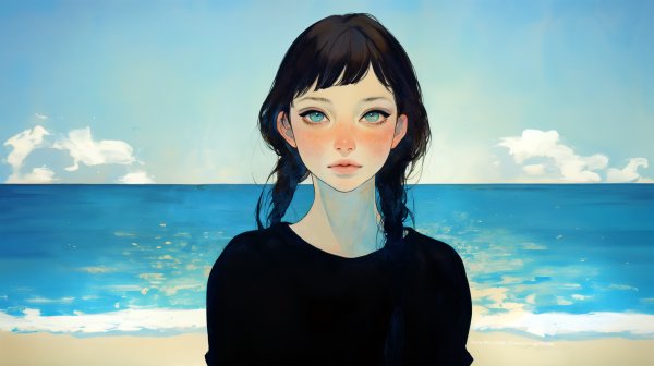 海の見える場所で静かに立っているカメラ目線の女性の水彩イラスト no.3