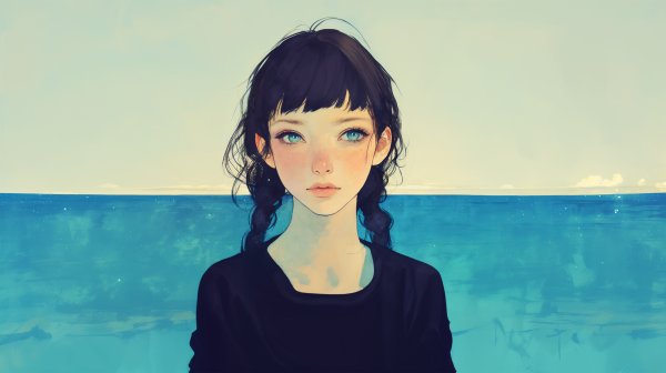 海の見える場所で静かに立っているカメラ目線の女性の水彩イラスト no.4