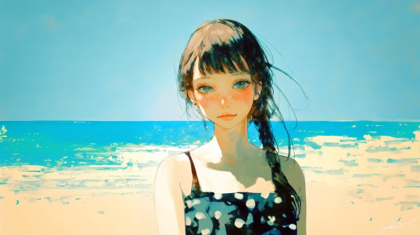 海の見える場所で静かに立っているカメラ目線の女性の水彩イラスト no.8
