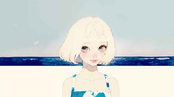 海辺に立つレトロチックなかわいい女の子のイラスト no.1