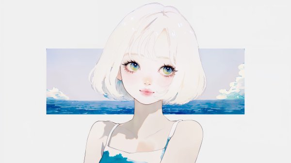 海辺に立つレトロチックなかわいい女の子のイラスト no.3