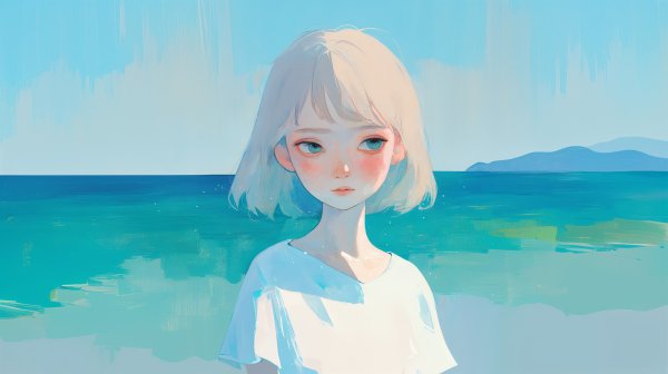 海辺に立つ少女の水彩イラスト no.3