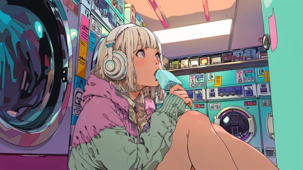 コインランドリーで音楽を聴きながら待つ女性のイラスト no.1