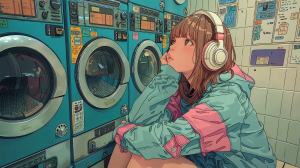 コインランドリーで音楽を聴きながら待つ女性のイラスト no.2