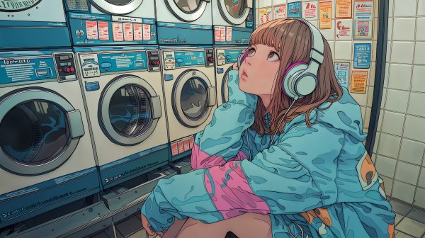 コインランドリーで音楽を聴きながら待つ女性のイラスト no.3