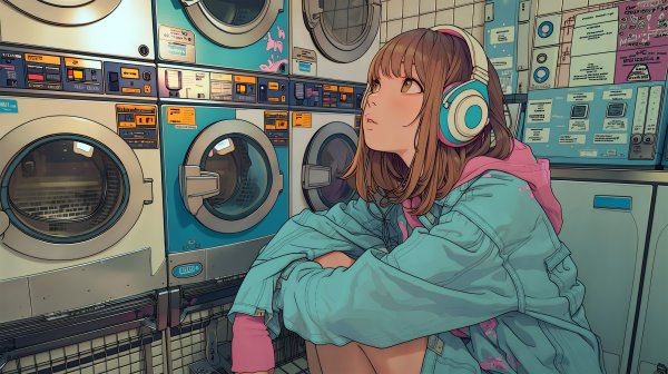 コインランドリーで音楽を聴きながら待つ女性のイラスト no.4