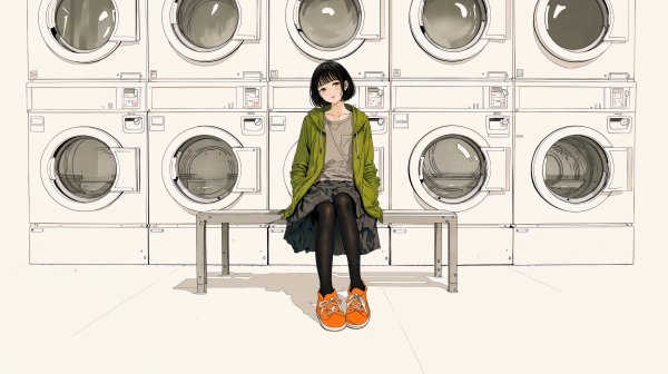 コインランドリーに座る女性のイラスト no.2