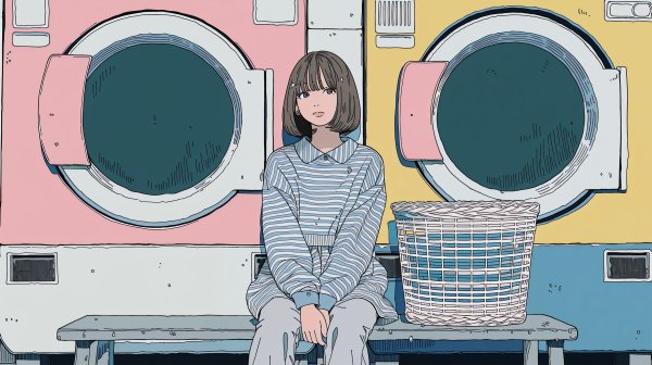 コインランドリーに座る女性のイラスト no.3