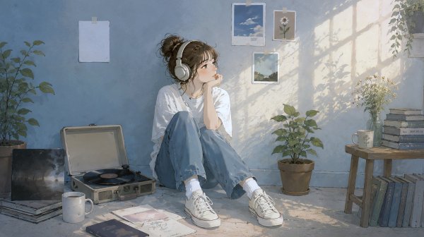 部屋に座りヘッドホンで音楽を聴く女性 no.1