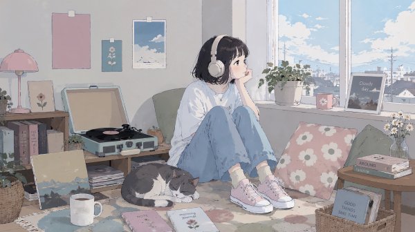 部屋に座りヘッドホンで音楽を聴く女性 no.2
