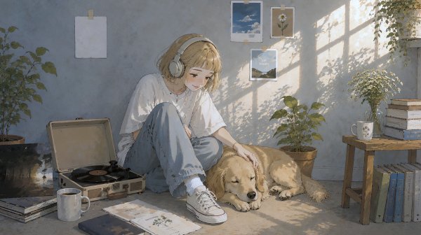 部屋に座りヘッドホンで音楽を聴く女性 no.3