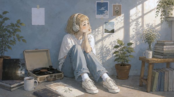 部屋に座りヘッドホンで音楽を聴く女性 no.4