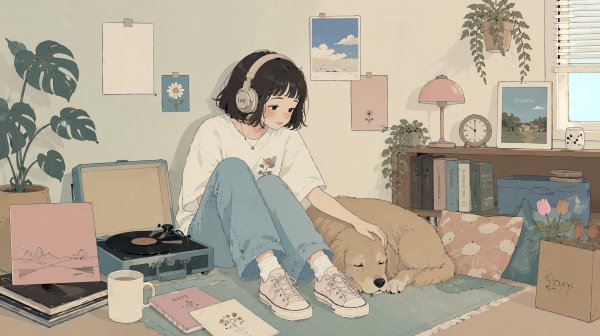 部屋に座りヘッドホンで音楽を聴く女性 no.5