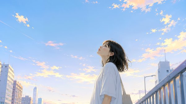夕日に染まる都会の空を見上げる若い女性のポートレート no.1