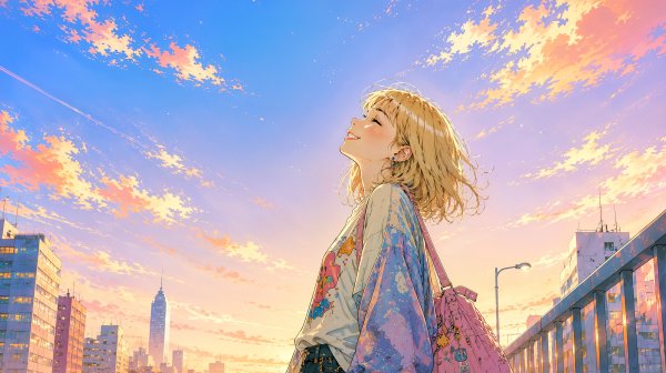 夕日に染まる都会の空を見上げる若い女性のポートレート no.2