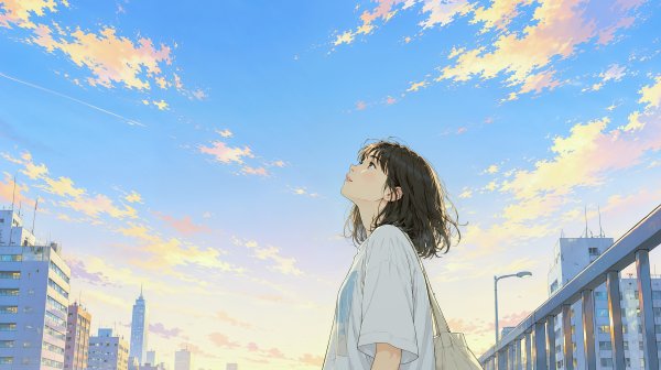 夕日に染まる都会の空を見上げる若い女性のポートレート no.4