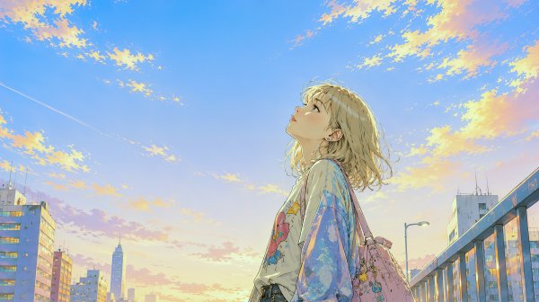 夕日に染まる都会の空を見上げる若い女性のポートレート no.5