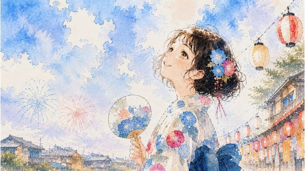 夏祭りで振り返る浴衣の女性の水彩ポートレート no.2