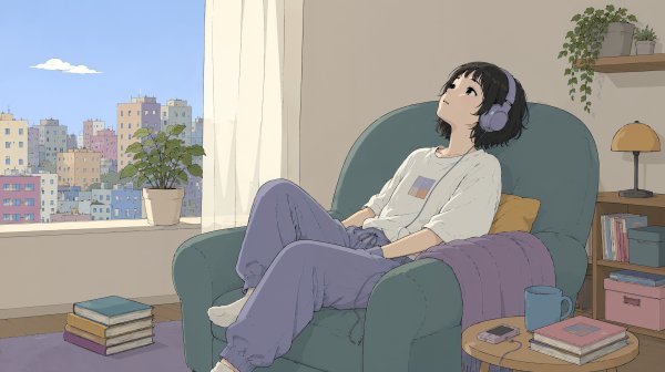 ソファーに座りヘッドホンで音楽を聴きながら天井を見る女性 no.2