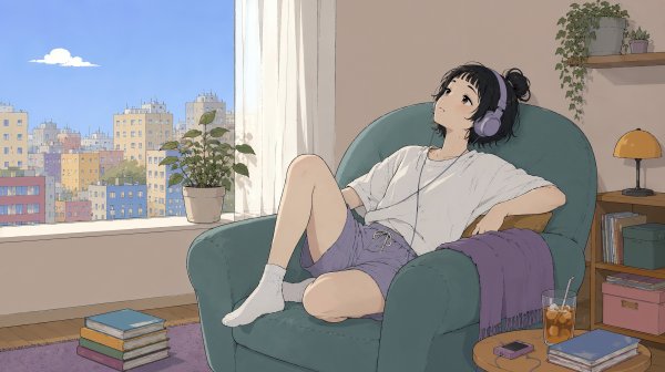 ソファーに座りヘッドホンで音楽を聴きながら天井を見る女性 no.4