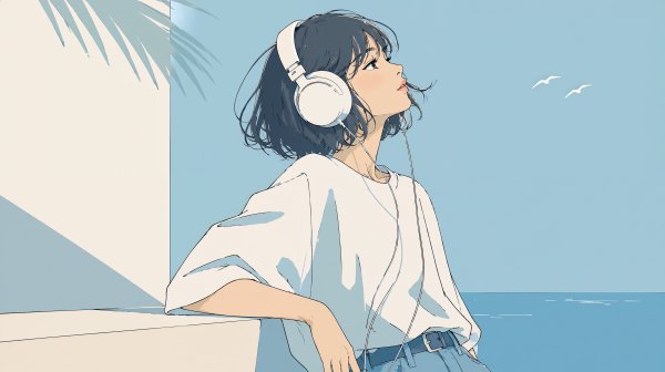 海を眺めながらヘッドホンで音楽を聴く女性のイラスト no.1