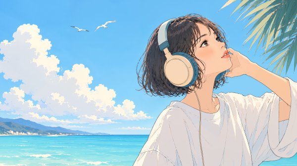 海を眺めながらヘッドホンで音楽を聴く女性のイラスト no.3