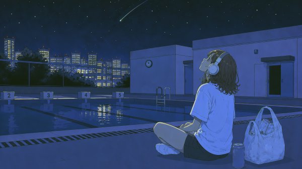 夜のプールサイドでヘッドホンをして座り星を見上げる女性のイラスト no.1