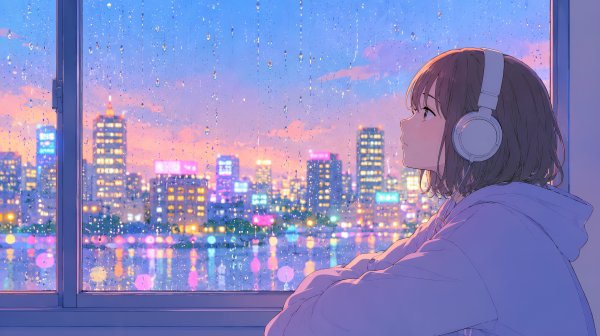 ヘッドホンで音楽を聴きながら雨の降る都会の夜景を眺める女性のイラスト no.1