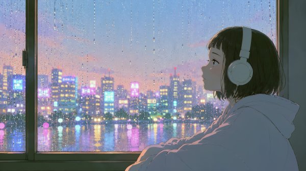 ヘッドホンで音楽を聴きながら雨の降る都会の夜景を眺める女性のイラスト no.2