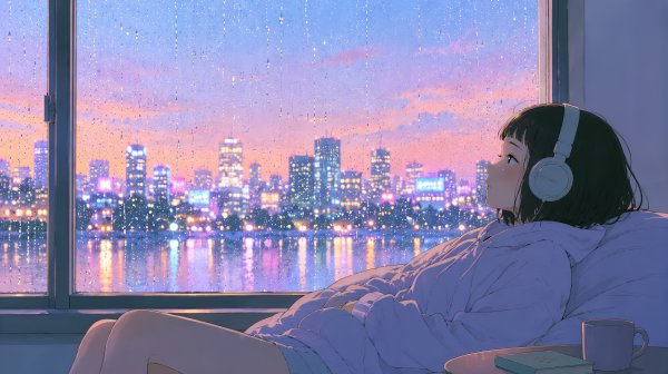 ヘッドホンで音楽を聴きながら雨の降る都会の夜景を眺める女性のイラスト no.3