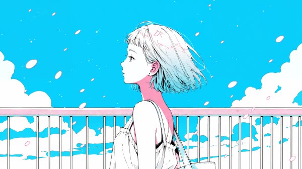 桜舞う空を見上げる若い女性のポートレートイラスト no.2