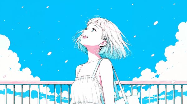 桜舞う空を見上げる若い女性のポートレートイラスト no.3